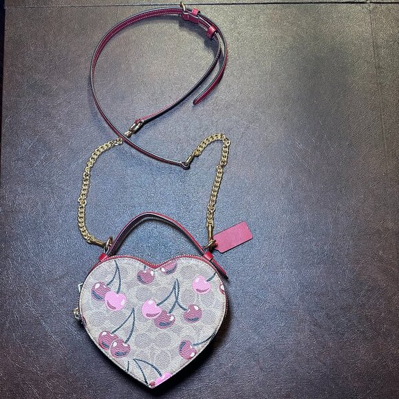 COACH Heart Crossbody Bag Signature Cherry Print Canvas CY706 Tan and Red - Picture 6 of 16